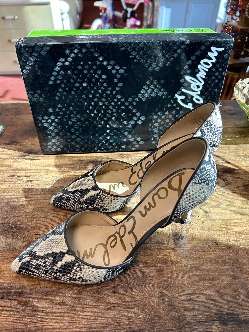 Sam Edelman Black and White Snake-Print Pointed-Toe Heels